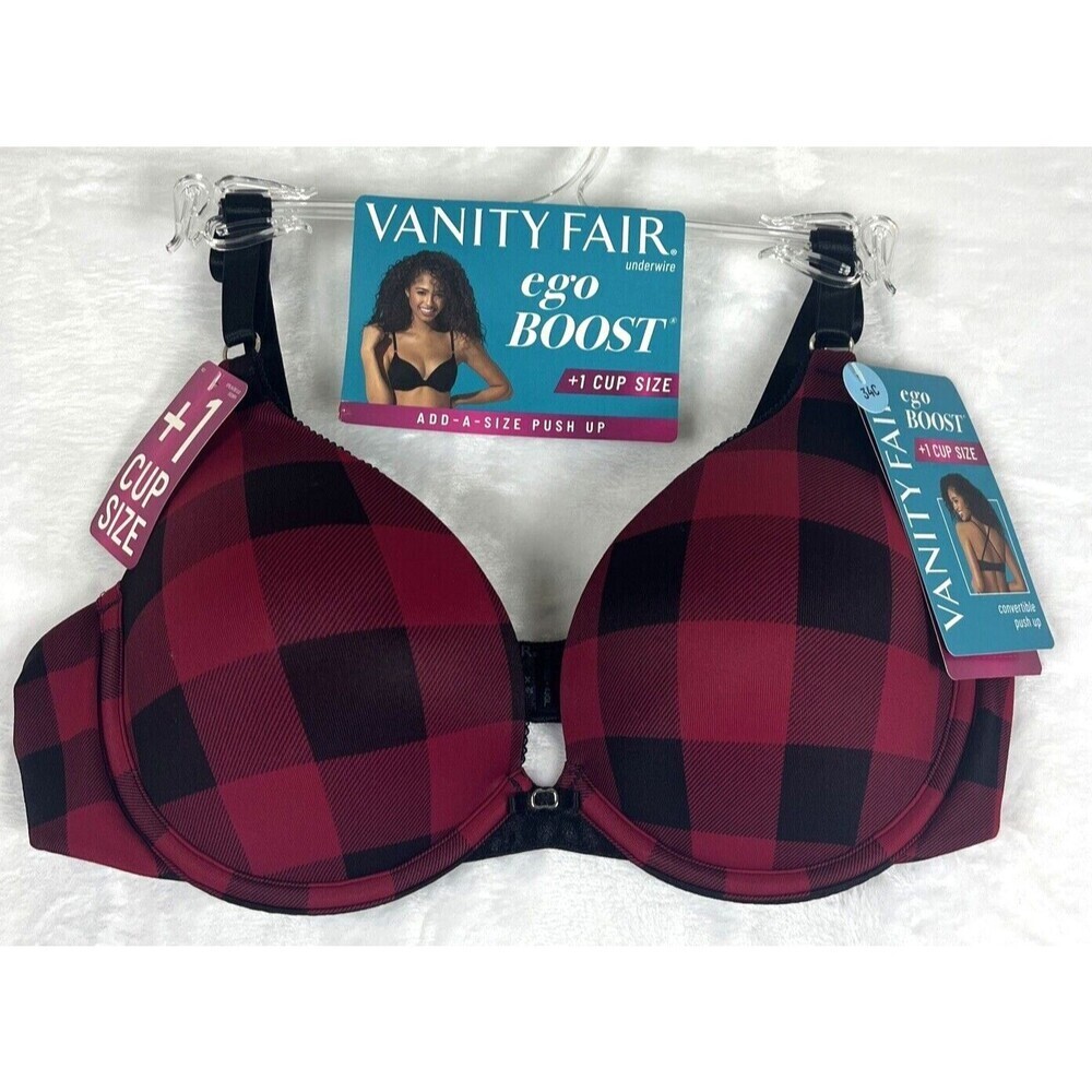 Vanity Fair Ego Boost Bra Underwire Add-A-Cup Push Up Blk Red Plaid Size 34C NWT